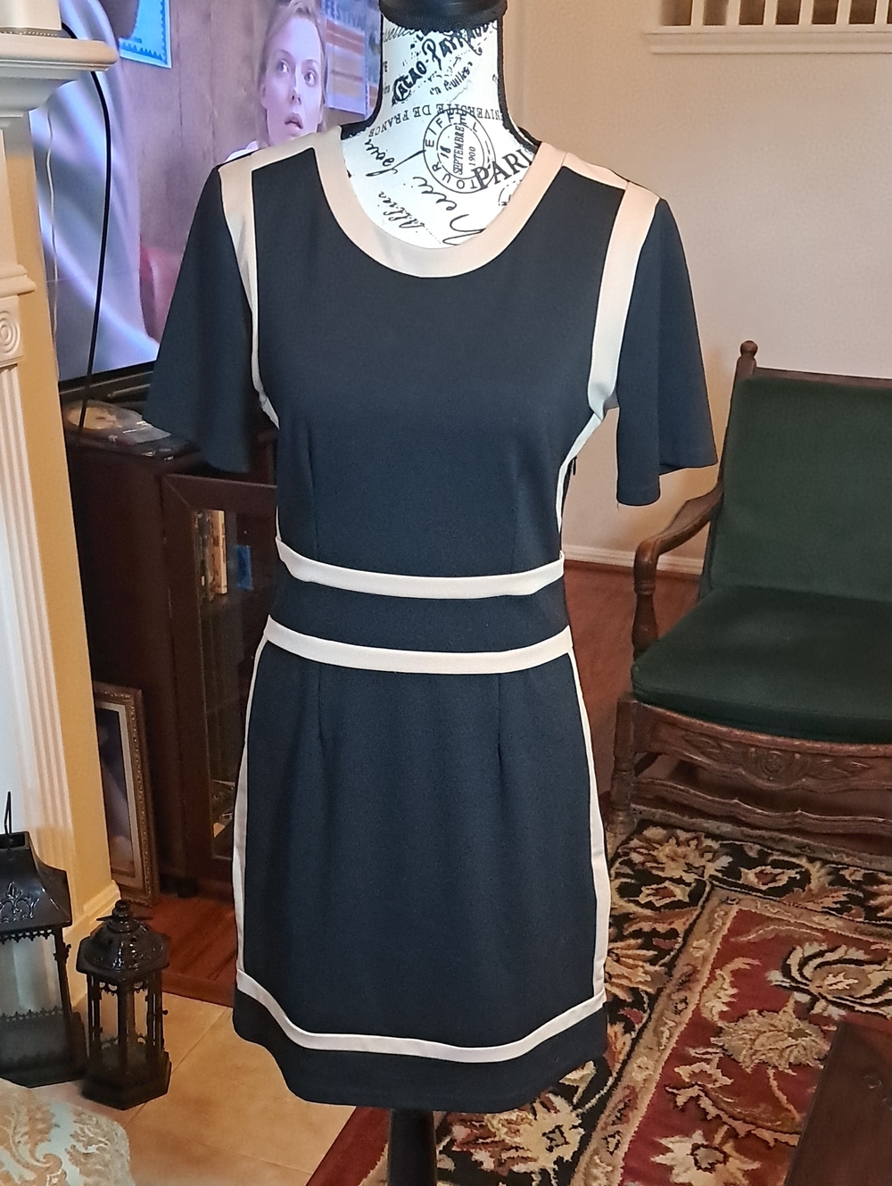 Miusol Black Dress with Cream Contrast Trim Small